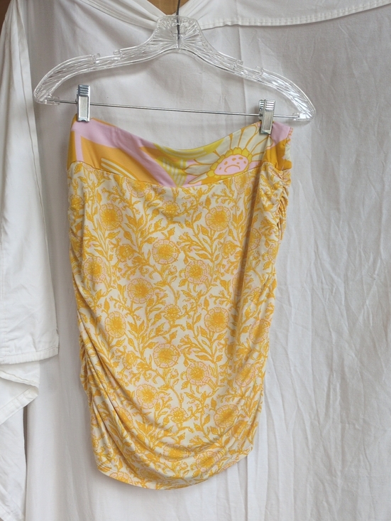 Free People Dresses & Skirts - Free People Yellow Floral Midi Skirt with Pink Waistband